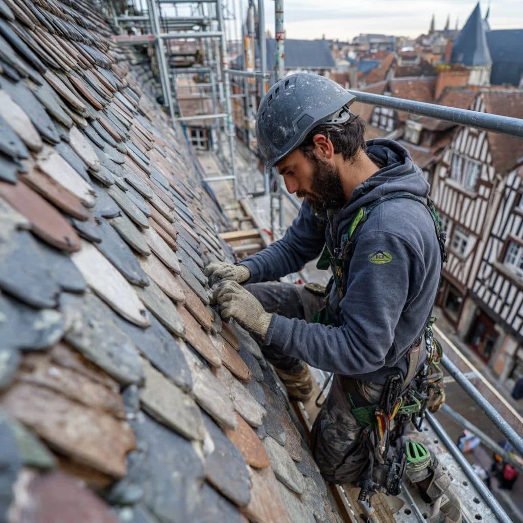 Couvreurs BCR posant une toiture en tuile sur une maison à Rouen
